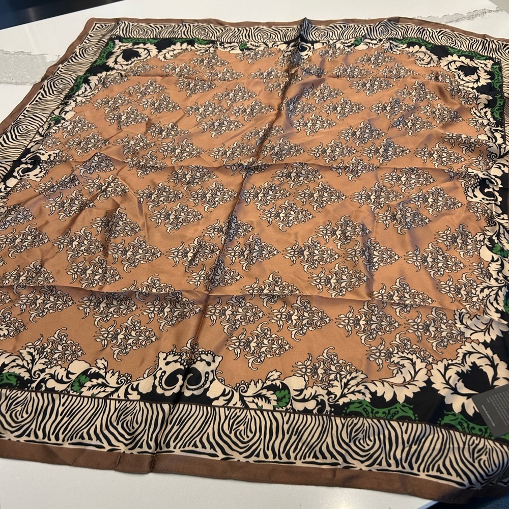 Silk Silky Brown Silk Patterned Square Fashion Scarf with Black & Green Accents